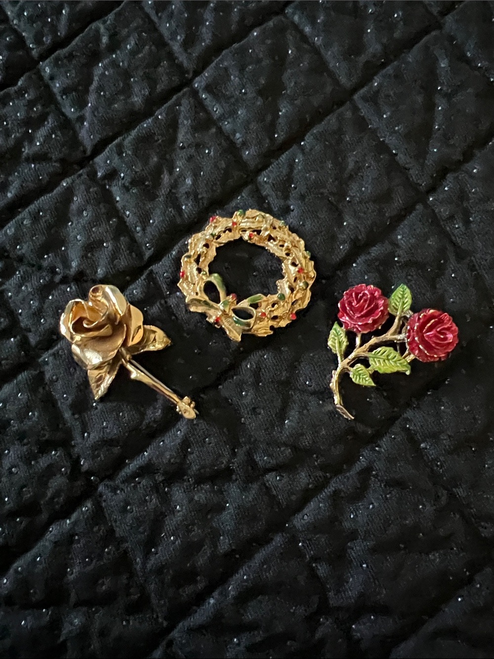 Vintage GERRYS Gold-Tone Floral Brooch Trio with Red Enamel Roses